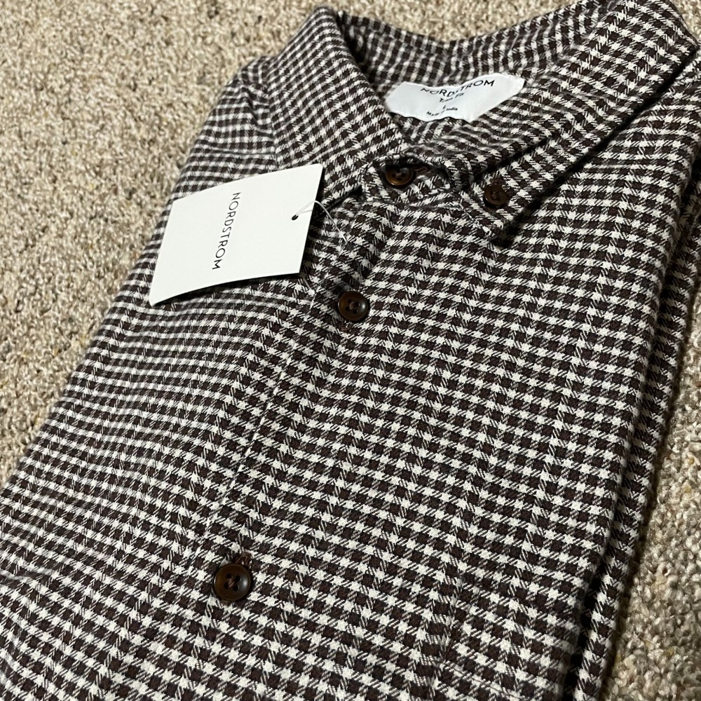 Nordstrom Houndstooth Brown and White Button Down Shirt